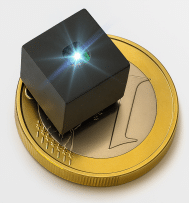 TriLite Trixel 3 Cube Laser Beam Scanner on a One Euro Coin for Augmented Reality AR Smart glasses and automotive infotainment display in car
